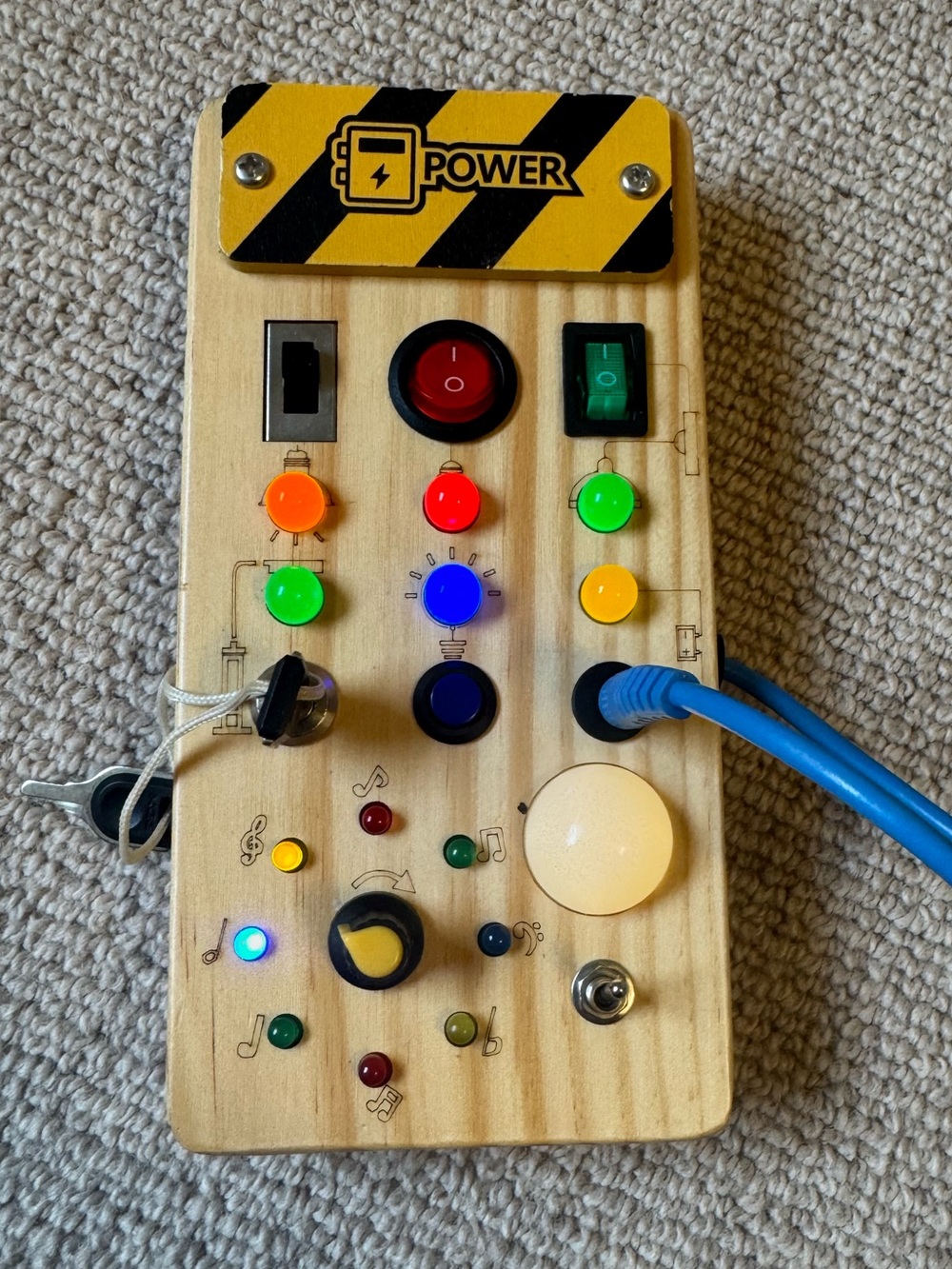 Wooden Interactive Power Activity Board with Colorful Buttons